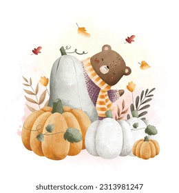 Watercolor Illustration cute bear at pumpkin garden with autumn leaves