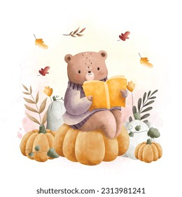 Watercolor Illustration cute bear reads book at pumpkin garden