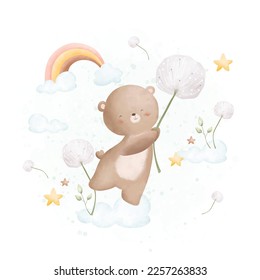 Watercolor Illustration cute bear and spring flowers 