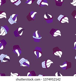 Watercolor illustration. Cute birthday background on white, neutral and purple. Seamless background cakes. Vector illustration. Seamless pattern. Cupcake, macaron, shortbread.