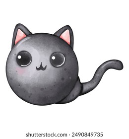 Watercolor Illustration of Cute Black Cat Character