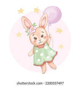 Watercolor illustration cute bunny flying with balloon. Vector