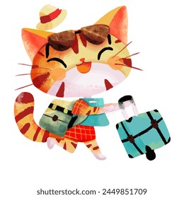 Watercolor illustration of a cute cat in a hat and sunglasses with a suitcase for travel.