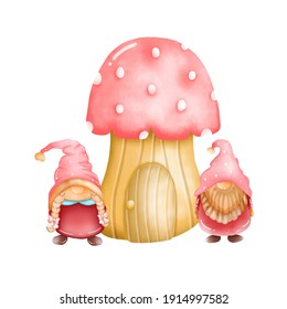 Watercolor illustration of cute character sweet gnomes with mushroom for valentine day in red hats isolated on the white background. Cute cartoon valentine 