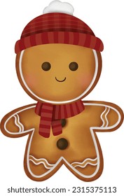 Watercolor Illustration of Cute Christmas gingerbread character