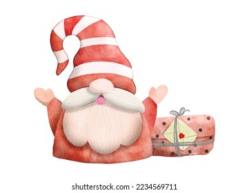 Watercolor illustration of cute Christmas gnome