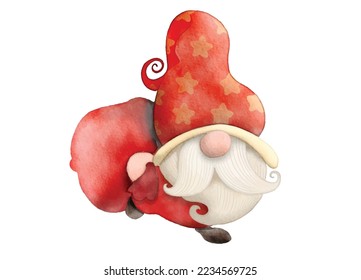 Watercolor illustration of cute Christmas gnome