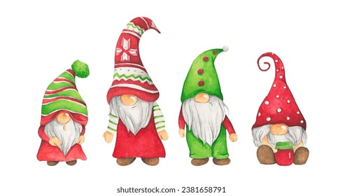 Ilustración acuarela de lindos gnomos de navidad.