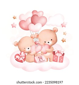 Watercolor Illustration. Cute couple bears on cloud. Great for card and greetings.