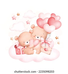 Watercolor Illustration. Cute couple bears on cloud. Great for card and greetings.