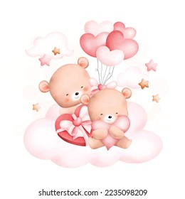 Watercolor Illustration. Cute couple bears on cloud. Great for card and greetings.