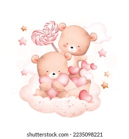 Watercolor Illustration. Cute couple bears on cloud. Great for card and greetings.