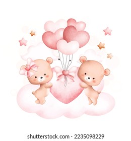 Watercolor Illustration. Cute couple bears on cloud. Great for card and greetings.