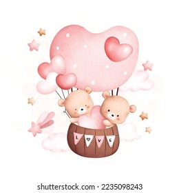 Watercolor Illustration. Cute couple bears in hot air balloon. Great for card and greetings.