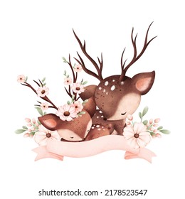 Watercolor illustration cute couple deers and flowers 