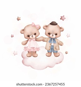 Watercolor Illustration cute couple teddy bears on the cloud