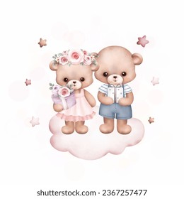Watercolor Illustration cute couple teddy bears on the cloud