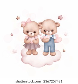 Watercolor Illustration cute couple teddy bears on the cloud