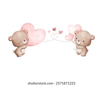 Watercolor Illustration Cute Couple Valentine Teddy Bears