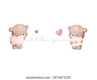 Watercolor Illustration Cute Couple Valentine Teddy Bears