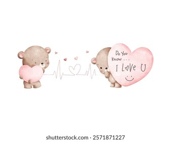 Watercolor Illustration Cute Couple Valentine Teddy Bears