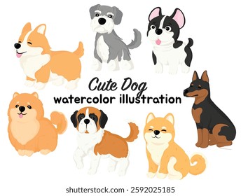 Watercolor illustration of cute dog breeds in a charming and artistic hand-painted style  