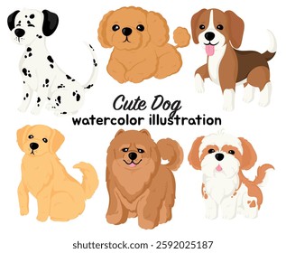 Watercolor illustration of cute dog breeds in a charming and artistic hand-painted style  