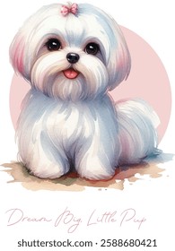 Watercolor illustration of a cute dog Maltese sitting. Vector graphics suitable for any decor