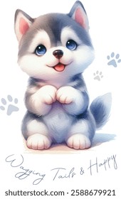 Watercolor illustration of a cute dog Siberian Husky. Vector graphics suitable for any decor