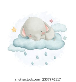 Watercolor illustration cute elephant sleeps on cloud with stars