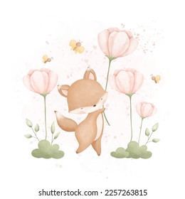 Watercolor Illustration cute fox and spring flowers in the garden