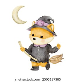 Watercolor Illustration Cute Fox Witch Riding a Broom Cartoon Vector. Animal Holiday with Halloween Concept Vector