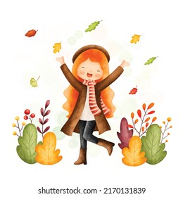 Watercolor Illustration cute girl in autumn outfit and falling leaves