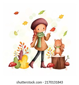 Watercolor Illustration cute girl in autumn outfit with squirrel and falling leaves 