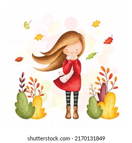 Watercolor Illustration Cute Girl In Autumn Outfit And Falling Leaves