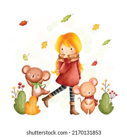 Watercolor Illustration cute girl in autumn outfit with mouse and falling leaves