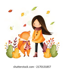 Watercolor Illustration cute girl in autumn outfit with fox and falling leaves