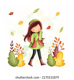 Watercolor Illustration cute girl in autumn outfit and falling leaves