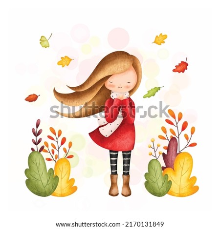 Watercolor Illustration cute girl in autumn outfit and falling leaves