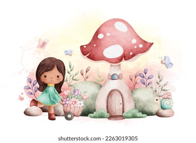 Watercolor Illustration  Cute Girl   Mushroom House in the Spring Garden