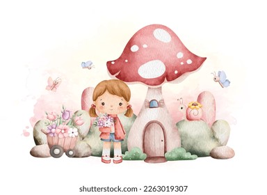 Watercolor Illustration. Cute Girl and Mushroom House in the Spring Garden