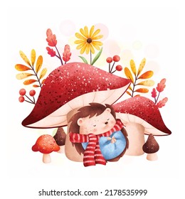 Ilustración de acuarela lindo erizo durmiendo bajo hongos y plantas y hojas de otoño