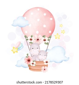 Watercolor Illustration cute hippo in hot air balloon