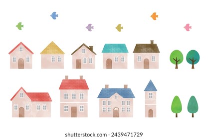 Watercolor illustration of cute houses. Townscape background.