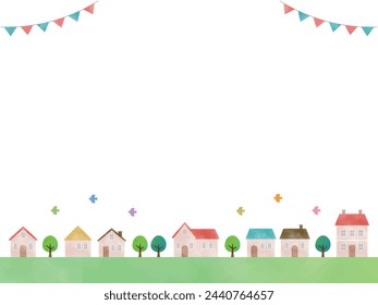 Watercolor illustration of cute houses. Townscape background.