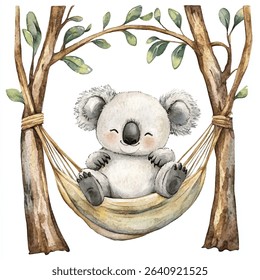 Watercolor illustration of a cute koala relaxing in a hammock tied between two trees with green leaves. The koala has a sweet, sleepy expression.