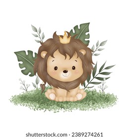 Watercolor Illustration cute lion sits on green grass and tropical leaves