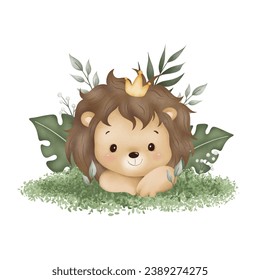 Watercolor Illustration cute lion sits on green grass and tropical leaves