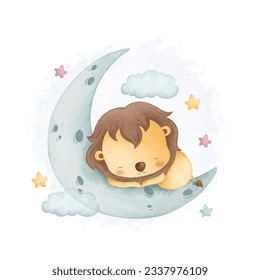 Watercolor illustration cute lion sleeps on moon with stars