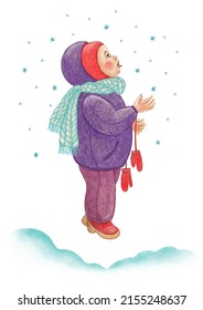 Watercolor illustration. Cute little baby catches snowflakes with his tongue. Winter, month of December.